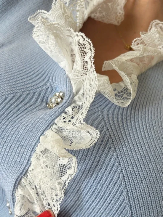 COMMENSE CASHMERE CARDIGAN KNIT LACE SWEATER BELT BLING RHINESTONE BUTTON S - Picture 9 of 11